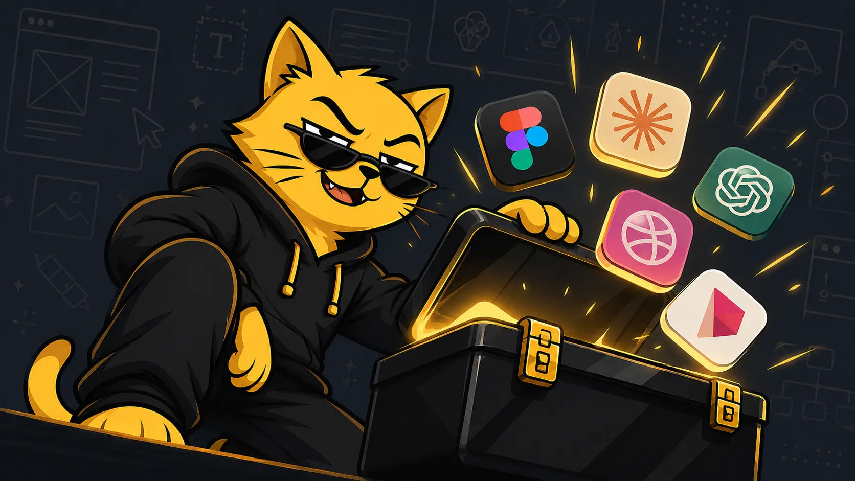 Billa, The Solid Billa's grinning yellow cat mascot in sunglasses and a black hoodie, opening a glowing gold toolbox with design-app icon tiles (Figma, Claude, ChatGPT, Dribbble) floating out, on a dark slate background with yellow accents.