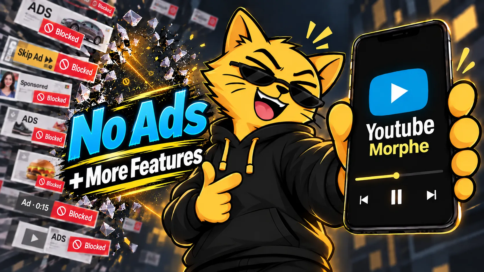 Billa, The Solid Billa's yellow cat mascot in sunglasses and black hoodie, pointing to a smartphone running YouTube Morphe with background audio while annoying ad banners shatter behind him.