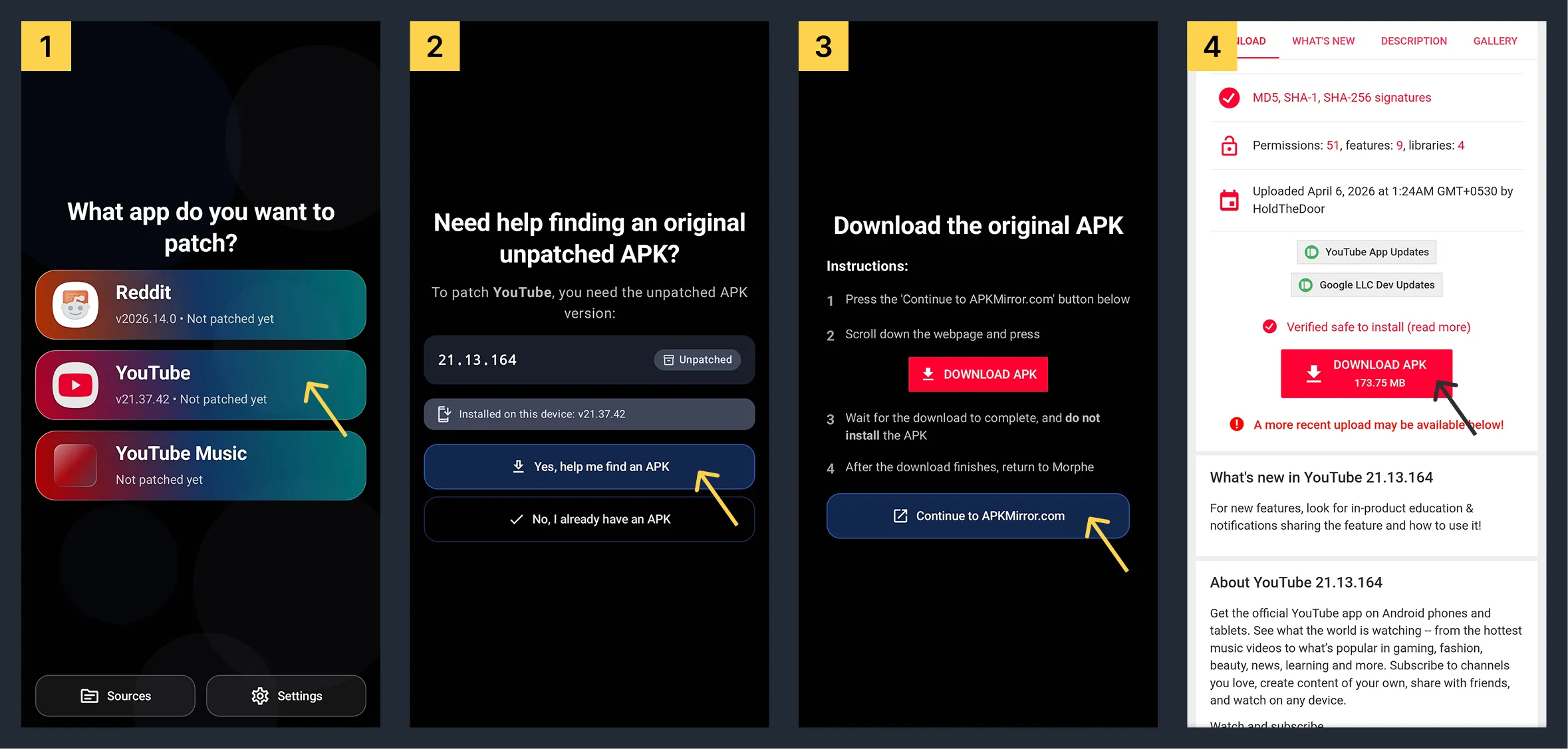 Download the official YouTube APK file for patching