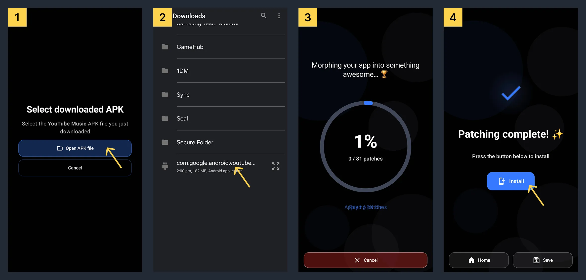 Patch the downloaded YouTube APK file inside Morphe app
