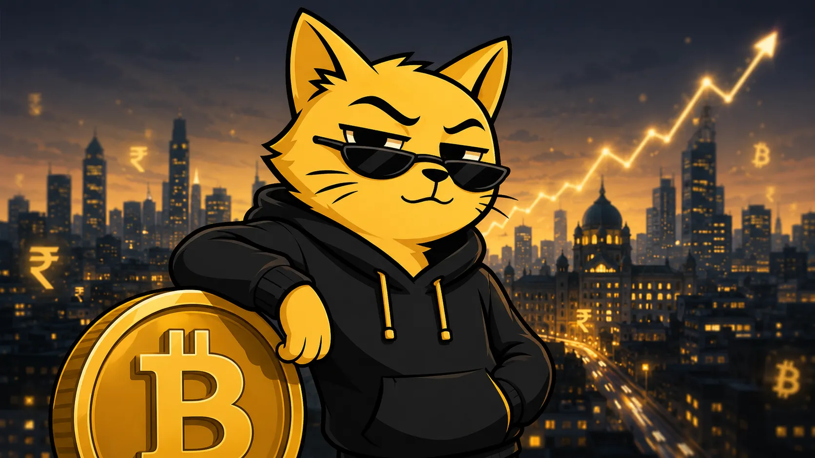 Billa, The Solid Billa's grumpy yellow cat mascot in sunglasses and a black hoodie, calmly holding a large gold Bitcoin coin while a red crash chart falls behind him.