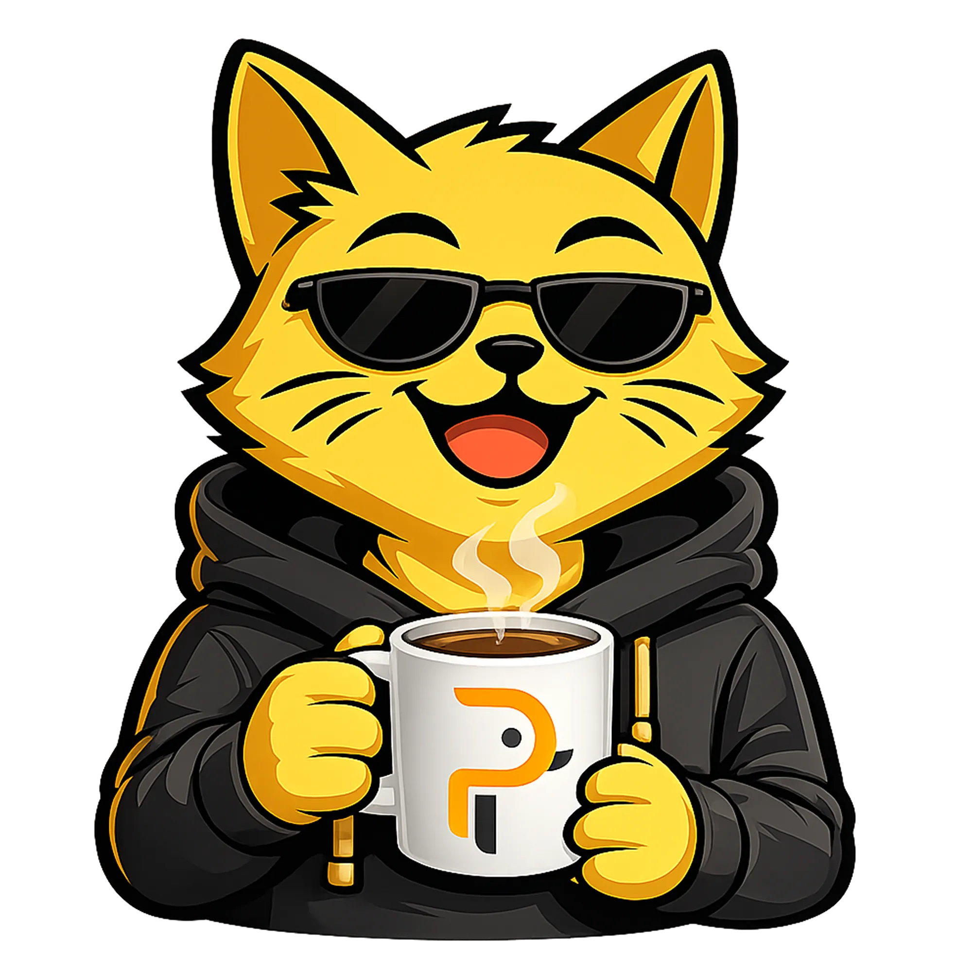 Billa, the sunglasses-wearing cat mascot of The Solid Billa, holding a coffee mug