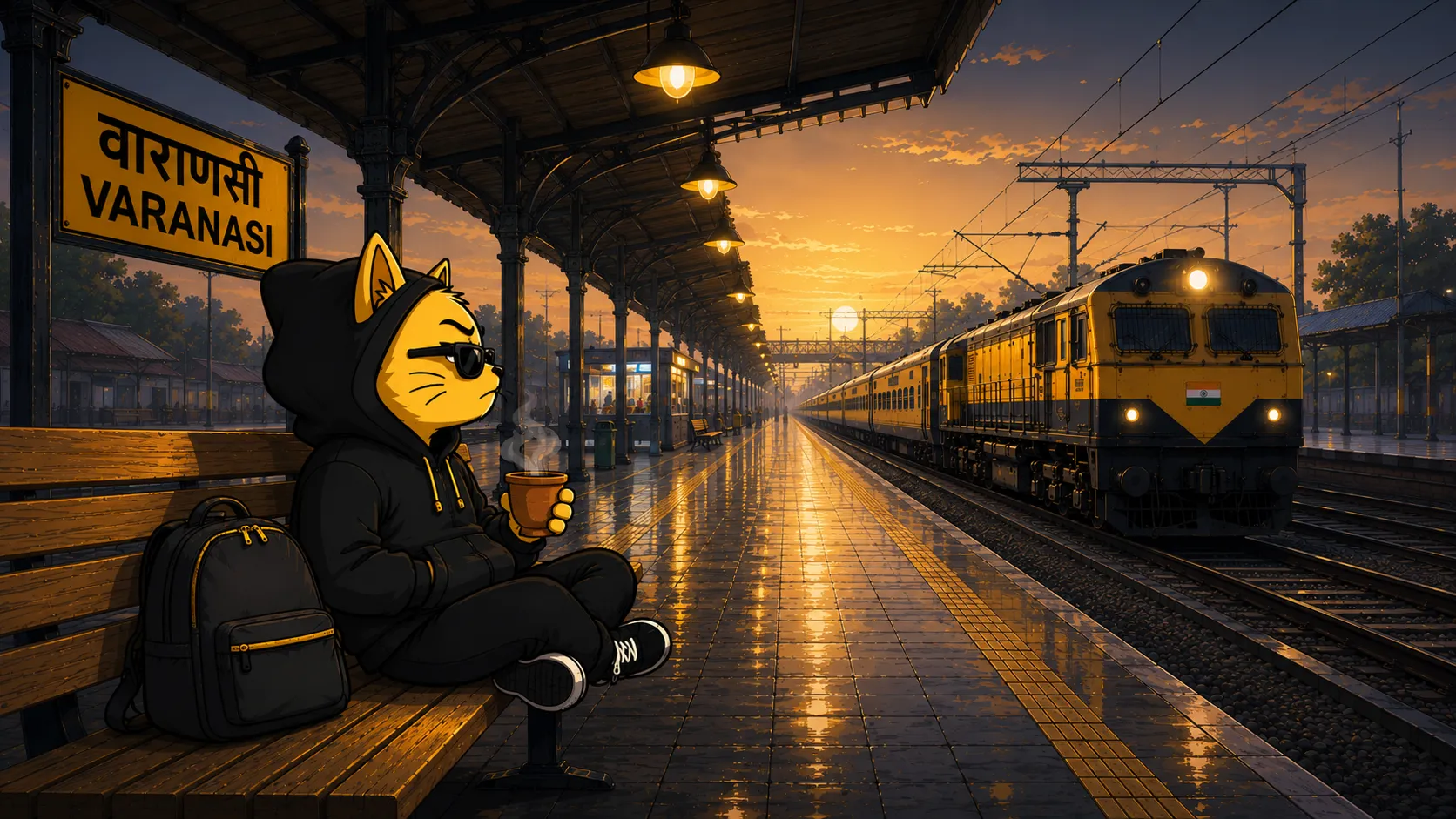 Billa, The Solid Billa's grumpy yellow cat mascot in a black hoodie, unbothered at an Indian railway platform while chaos plays out around the daily 10 AM Tatkal window.