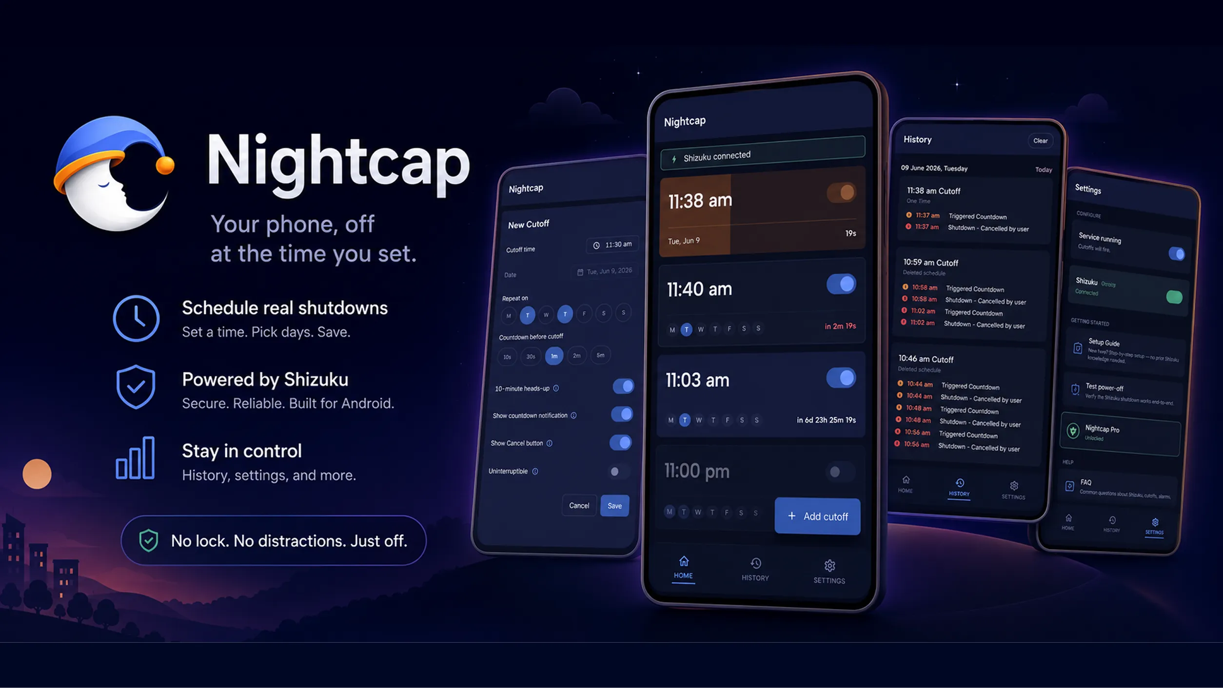 Nightcap app interface showing scheduled phone power-off cutoffs