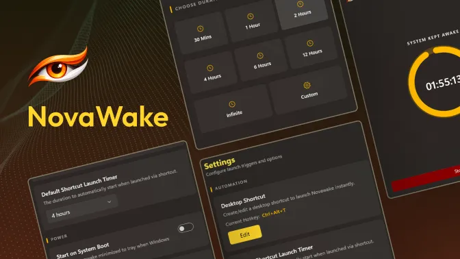 NovaWake Windows utility interface showing keep-awake timer presets and countdown